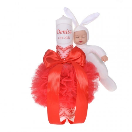Set elegant trusou botez, cutie trusou si lumanare personalizata cu nume, decor dantela Rosie cu iepuras, Denikos® 946 - Img 3