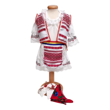 Costum botez national pentru fetite, alb, decor rosu, 5 piese, Denikos®PTB07 - Img 2