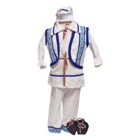 Costum botez traditional pentru baieti, alb cu motive romanesti albastre, 5 piese, Denikos®PTB01 - Img 2