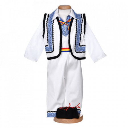Costum popular baietel, 5 piese, alb - albastru, Denikos® 1009