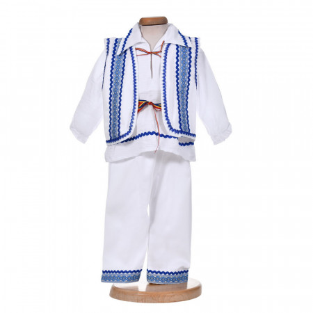 Costum traditional baietel, 4 piese, alb - albastru, Denikos® 0203