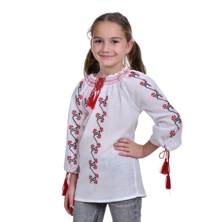 Ie nationala fetita, alba, broderie rosie, discreta, marime unica, 7-10 Ani, Denikos®TD225 - Img 2