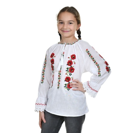 Ie traditionala fata, alba, broderie cu motive florale, nationale romanesti, Denikos®TD237 - Img 3