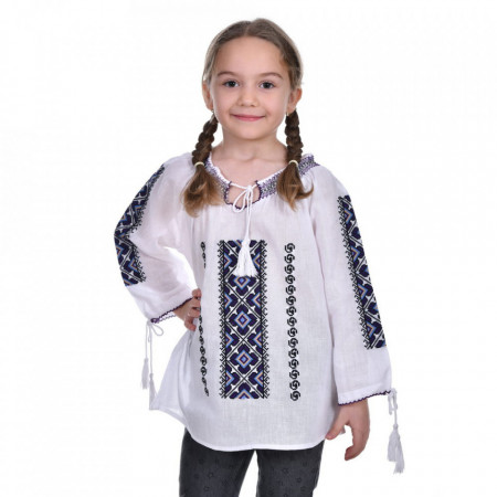 Ie traditionala fetite, alba, broderie albastra, 1 - 16 ani, DNK0144