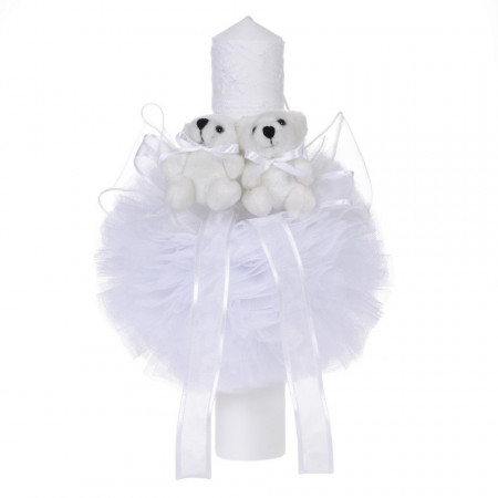 Lumanare botez 2 ursuleti, decor alb diafan, Denikos® 47