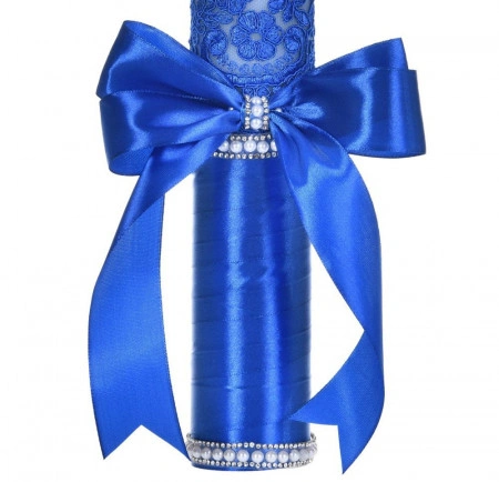 Lumanare botez decor albastru elegant, dantela, margelute si fundita asortata, Denikos® C1189 - Img 3