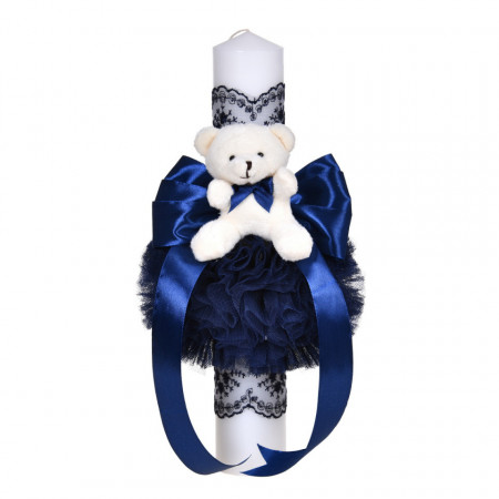 Lumanare botez decor bleumarin, fundita, dantela si ursulet asortate, Denikos® C1054