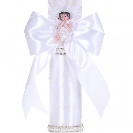 Lumanare botez eleganta decor alb dantela, ingeras cu pene si fundita asortata, Denikos® C1179 - Img 2