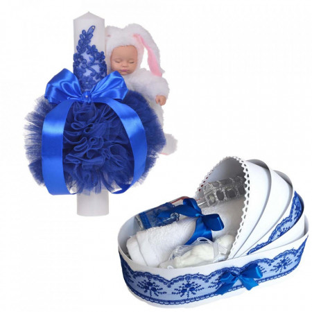 Lumanare botez glob iepuras pufos si trusou botez in landou, decor Albastru, Denikos® 764