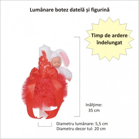Lumanare botez jucarie iepuras pufos si dantela, decor rosu, Denikos® 715 - Img 2