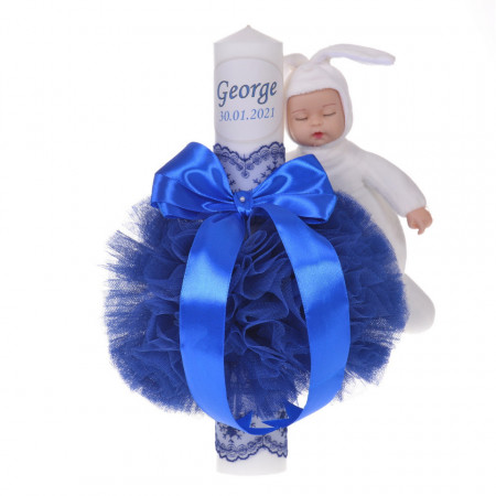 Lumanare botez personalizata, decor albastru cu tul, dantela si o jucarie iepuras, Denikos® 730