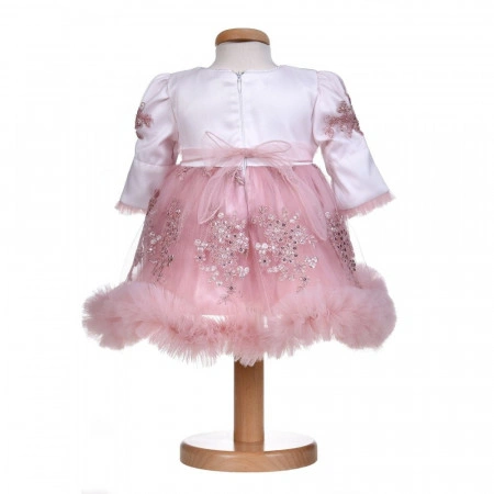 Rochita botez fetite, cu volanas, culoare alb - roz pudrat, 3 piese, Denikos® H030 - Img 2