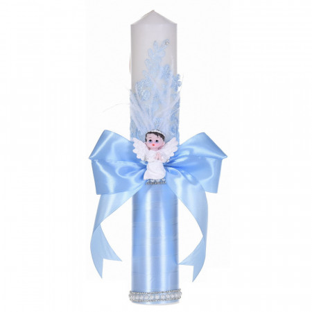 Set botez cochet, lumanare dantela, margelute si ingeras si trusou botez asortat, decor Bleu, Denikos® C9311 - Img 3