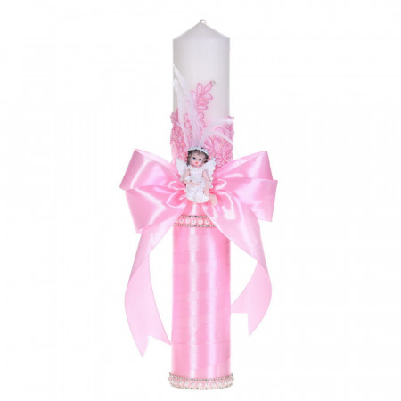 Set botez cu lumanare decor dantela, margelute si ingeras si trusou botez asortat, Roz, Denikos® C9315 - Img 3