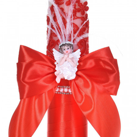 Set botez cu lumanare decor dantela, margelute si ingeras si trusou botez asortat, Rosu, Denikos® C9317 - Img 3