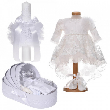 Set botez elegant, rochita cu trena, 3 piese, trusou botez si lumanare, decor dantela alba, Denikos® C9197