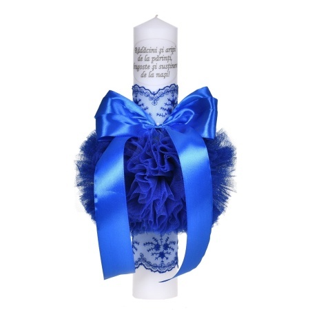 Set lumanare botez personalizata cu mesaj, trusou complet in landou decorat cu dantela si set baita cu nasii dupa botez pentru baiat, culoare albastru, Denikos NK143 - Img 2