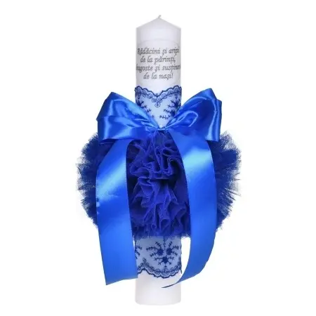 Set lumanare botez personalizata cu mesaj, trusou complet in landou decorat cu dantela si set baita cu nasii dupa botez pentru baiat, culoare albastru, Denikos NK143 - Img 2