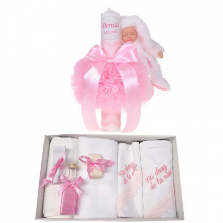 Trusou botez cu mesaj si lumanare botez personalizata, decor roz cu iepuras, Denikos® 794
