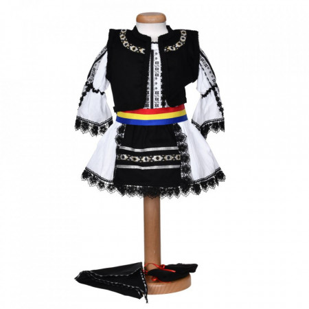 Costum popular botez pentru fetite, 6 piese, broderie neagra, brau tricolor, Denikos® 1025