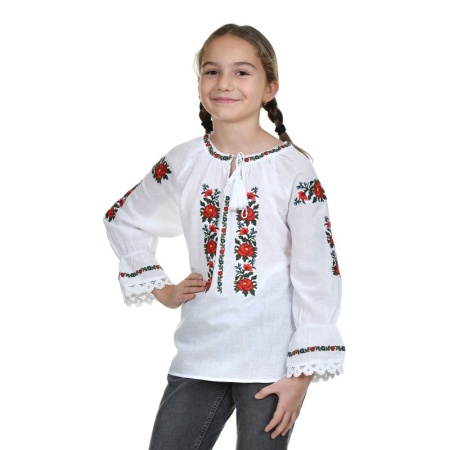 Ie nationala fete, alba, broderie cu motive florale, populare romanesti, Denikos®TD236 - Img 3