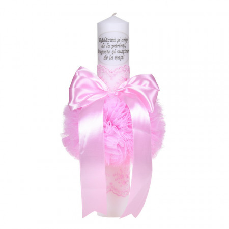 Lumanare botez cu mesaj, decor roz, cu fundita si dantela, Denikos® C1037