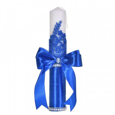 Lumanare botez decor albastru elegant, dantela, margelute si fundita asortata, Denikos® C1189