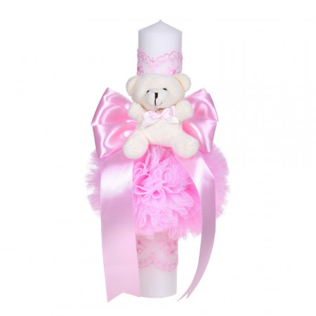 Lumanare botez decor roz, fundita, dantela si ursulet asortate, Denikos® C1055