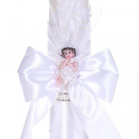 Lumanare botez eleganta decor alb dantela, ingeras cu pene si fundita asortata, Denikos® C1179 - Img 3
