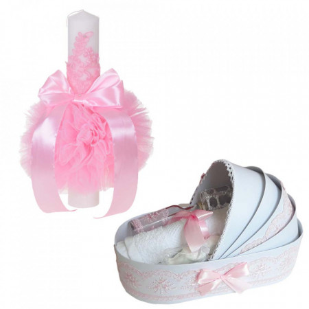 Lumanare botez glob cu dantela si trusou botez in landou, decor Roz, Denikos® 748