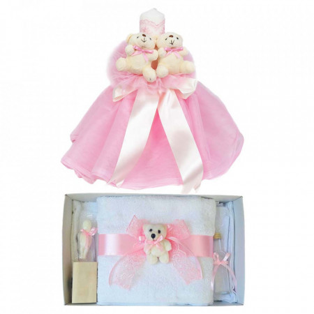Lumanare botez tul si ursuleti si trusou botez dantela, decor Roz, Denikos® 621