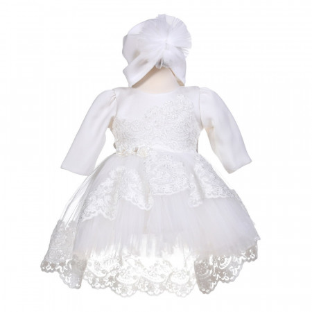 Rochita botez fata, cu trena, culoare alb elegant, 2 piese, Denikos® H056