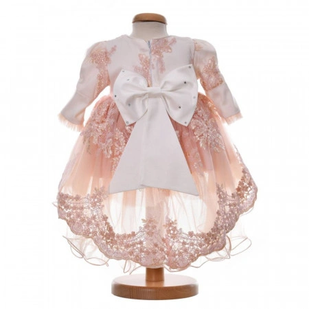 Rochita botez fetite, cu trena, culoare somon elegant, 3 piese, Denikos® H042 - Img 3