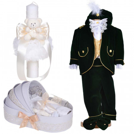 Set botez baiat, costum botez Micul Rege, 5 piese, trusou botez si lumanare, decor ivoire, Denikos® C1138