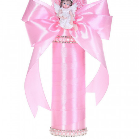 Set botez cu lumanare decor dantela, margelute si ingeras si trusou botez asortat, Roz, Denikos® C9315 - Img 4
