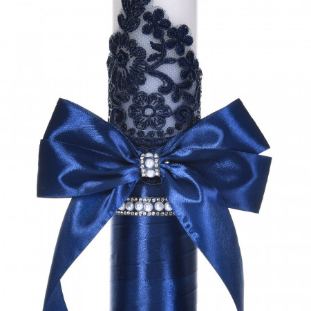 Set botez elegant, lumanare margelute si si trusou botez in landou, decor dantela bleumarin ingusta, Denikos® C9303 - Img 2
