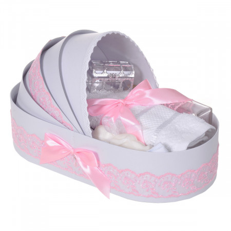Set botez elegant, lumanare margelute si si trusou botez in landou, decor dantela roz ingusta, Denikos® C9305 - Img 2