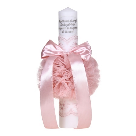 Set lumanare botez personalizata cu mesaj, trusou complet in landou decorat cu dantela pentru botez si set baita cu nasii dupa botez pentru fetita, culoare roz prafuit, Denikos NK149 - Img 3