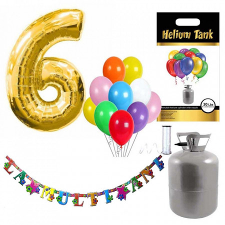 Set party butelie heliu, balon cifra 6 folie, banner si 10 baloane latex
