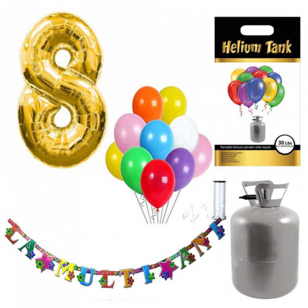 Set party butelie heliu, balon cifra 8 folie, banner si 10 baloane latex