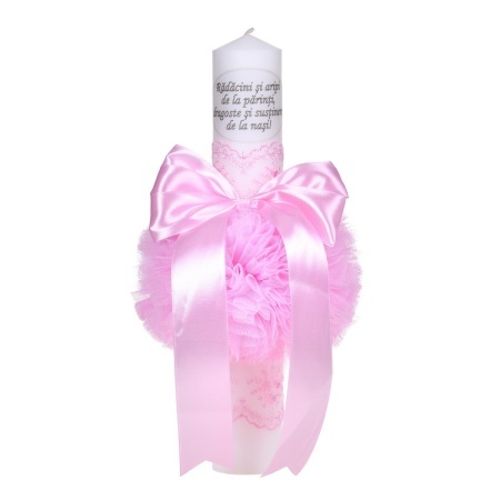 Set prima baita dupa botez, trusou complet in landou decorat cu dantela pentru botez si lumanare personalizata cu mesaj pentru fetita, culoare roz, Denikos NK148 - Img 2