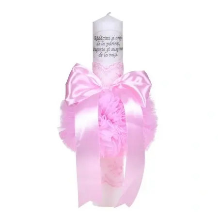 Set prima baita dupa botez, trusou complet in landou decorat cu dantela pentru botez si lumanare personalizata cu mesaj pentru fetita, culoare roz, Denikos NK148 - Img 2