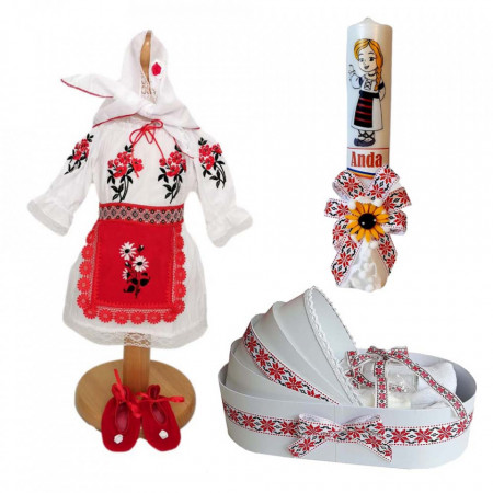 Set rochita botez traditional, trusou si lumanare personalizata, decor motive traditionale Denikos® C9013
