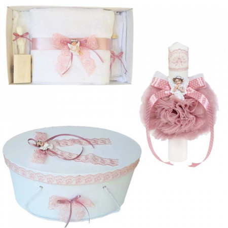Set trusou botez, cutie trusou si lumanare, dantela si Ingeras, decor Roz Pudra, Denikos® 564