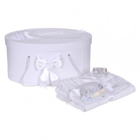 Set trusou botez, cutie trusou si lumanare iepuras pufos, dantela si fundite, decor Alb, Denikos® 898 - Img 5