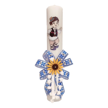 Set trusou botez in landou decorat traditional, set prima baita dupa botez cu nasii, lumanare cu motive populare romanesti, albastru traditional, Denikos NK155 - Img 2