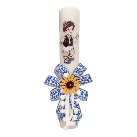 Set trusou botez in landou decorat traditional, set prima baita dupa botez cu nasii, lumanare cu motive populare romanesti, albastru traditional, Denikos NK155 - Img 2