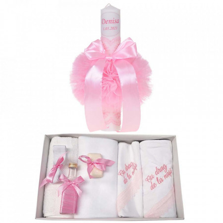 Trusou botez cu mesaj si lumanare botez personalizata, decor roz, Denikos® 788