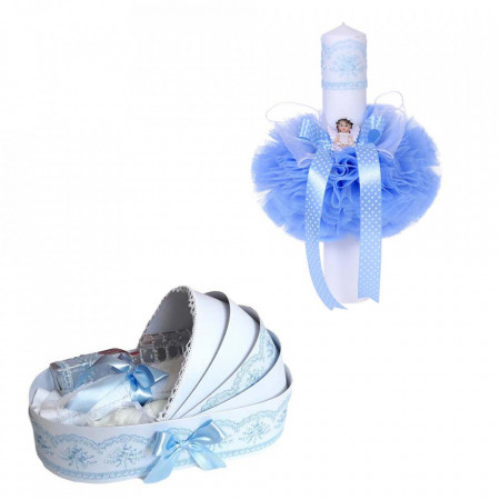 Trusou botez in landou si lumanare glob cu ingeras, decor bleu Denikos® 160