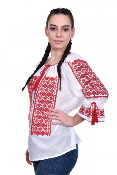 Ie traditionala alba, broderie rosie DNK0028
